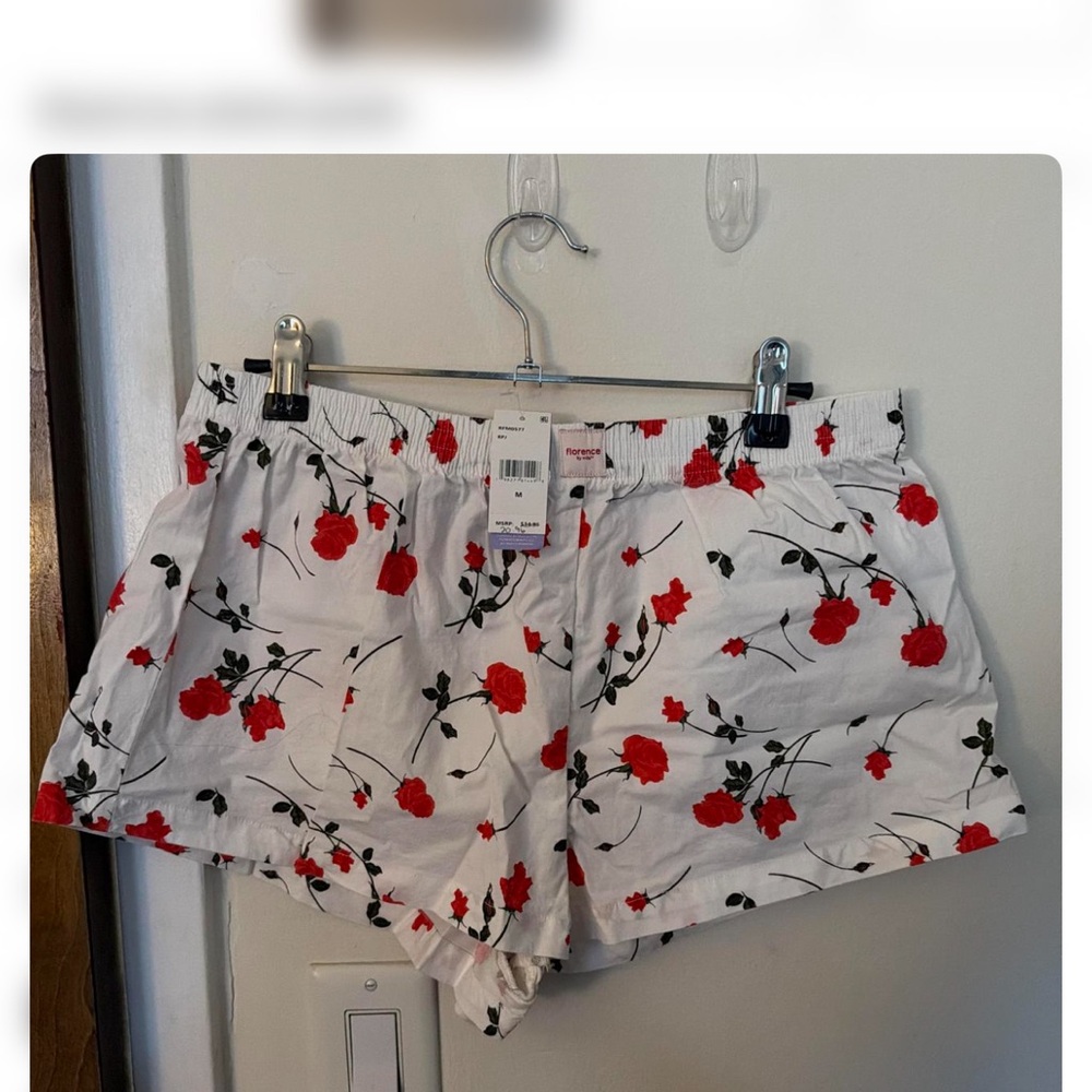 White Floral Shorts with Red Roses